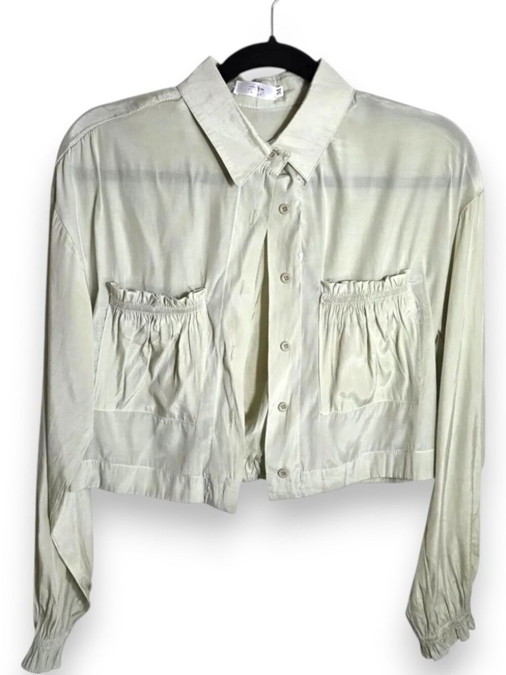 Cropped Sage Green Utility Blouse Drawstring Cinch Hem Shacket Size Medium - Picture 2 of 11